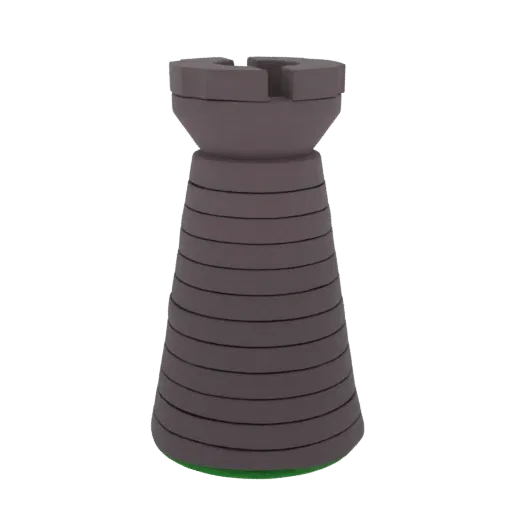 A 3D render of a modern dark gray rook chess piece with a green base, set against a black background.