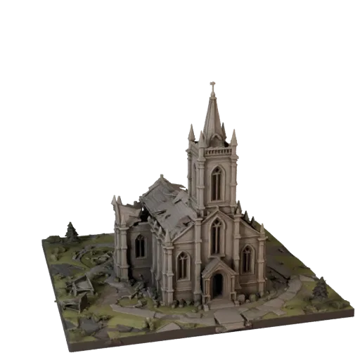 Ruined Chapel Diorama 3D model, stylized isometric environment render, showing sculpted terrain, terrain detail.