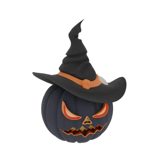 A 3D render of a dark Halloween pumpkin wearing a black witch hat with an orange band, featuring a carved, glowing jack-o'-la