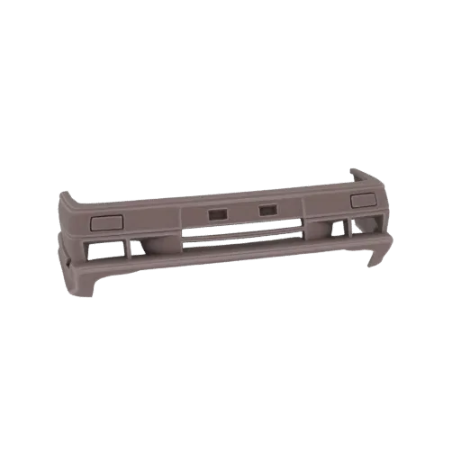 A 3D model of a classic 1980s style car bumper, rendered in a neutral matte color against a black background.