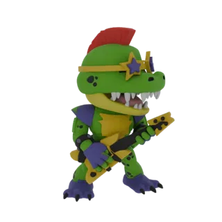 Modello 3D di Monty Gator, un personaggio alligatore verde con cresta rossa e occhiali a stella, che suona una chitarra elett