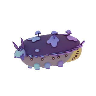 3D render of a purple fungal caterpillar airship with mushroom decorations and glowing yellow orbs, set against a white backg