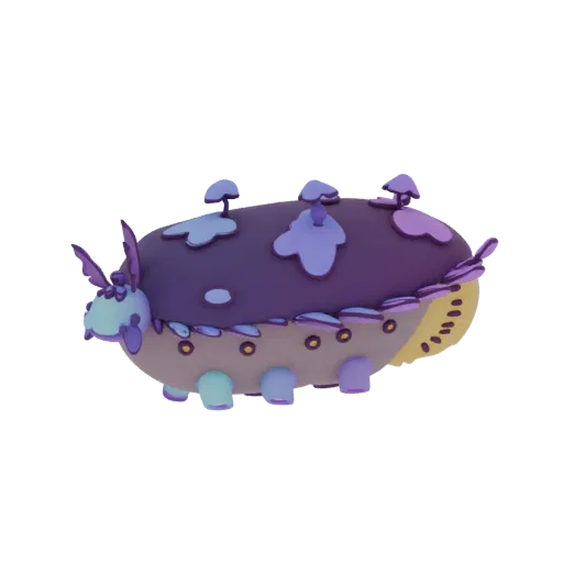 Render 3D di un dirigibile bruco fungino viola con decorazioni a fungo e sfere gialle luminose, su sfondo bianco.