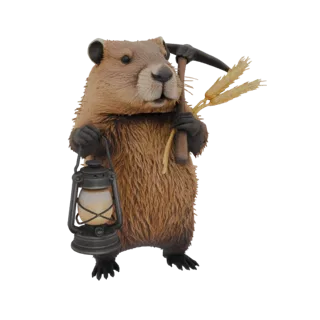 Rendu 3D d'un personnage castor brun déguisé en mineur, tenant une lanterne et une pioche, avec des épis de blé.