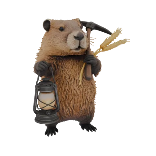 3D render of a brown beaver character dressed as a miner, holding a lantern and pickaxe, with wheat stalks.