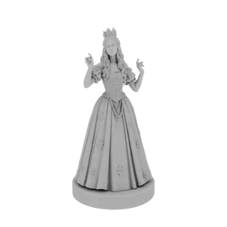 Modello 3D di un'elegante regina con corona e collana di perle, con un abito fluente, presentato su una base circolare.