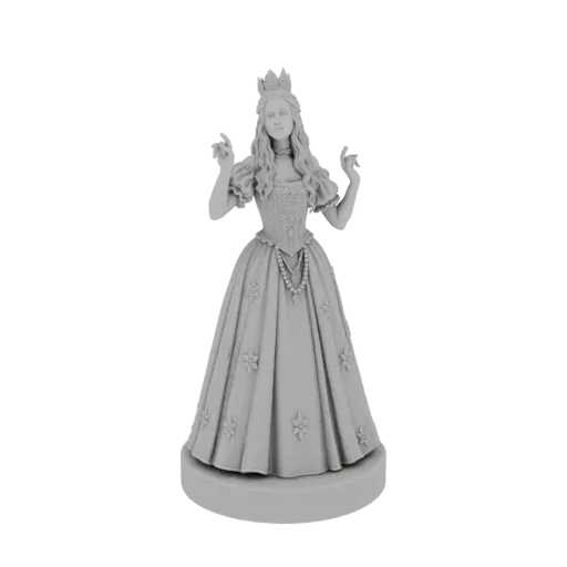 3D model of an elegant queen wearing a crown and a pearl necklace, with a flowing gown, presented on a circular base.