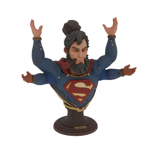 3D model of Superman bust with beard, red eyes, and four arms on a stand