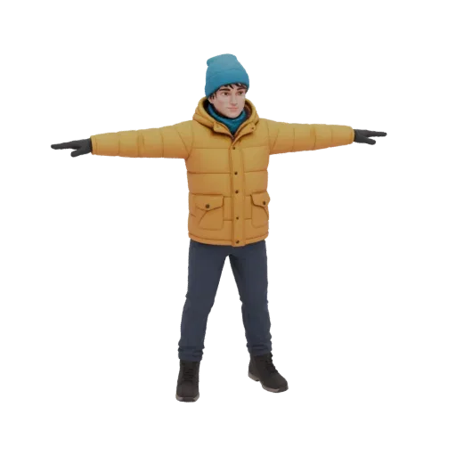 3D model of a young man wearing a yellow puffer jacket and blue beanie, arms outstretched in a T-pose.
