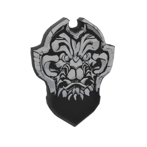 3D model of a menacing gargoyle face with a stone-like texture and intricate details, set against a black background.