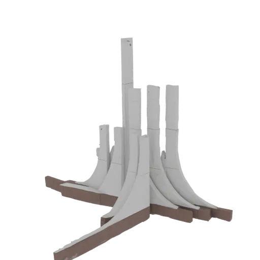 3D render of a futuristic abstract sculpture with sharp, angular, branching white elements on a brown base, against a black b