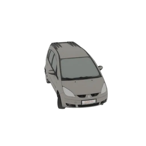 3D model of a gray Mitsubishi Colt hatchback viewed from a slightly elevated angle, showcasing its compact design and roof rails.