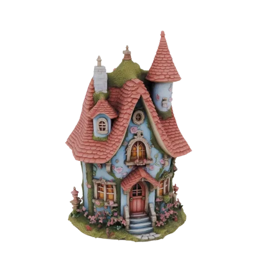 Modello 3D di un bizzarro cottage fiabesco con muri blu, rose rosa e tetto rosso, con una torretta prominente.