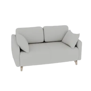 A 3D render of a modern light gray two-seater sofa with two accent pillows, resting on tapered wooden legs.