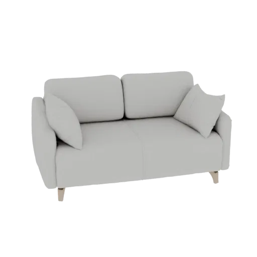 A 3D render of a modern light gray two-seater sofa with two accent pillows, resting on tapered wooden legs.