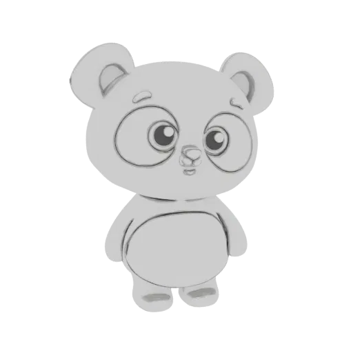 Rendu d'un modèle 3D de panda mignon, monochrome, debout avec de grands yeux et une expression amicale, isolé sur fond blanc.