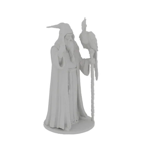 3D model of a wise wizard with a long beard, wearing a pointed hat, holding a staff with an owl perched on it.
