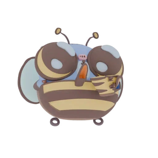 A 3D render of a cute, stylized bee character with large eyes, wearing brown and yellow stripes, holding a coffee cup.