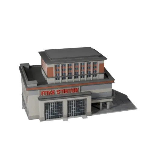 Fire Station stylized 3D model, isometric stylized game environment view, showing public building materials and architectural