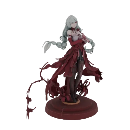 3D model of a Gothic Rose Maiden with long, flowing pale hair and a dark red, rose-petal-like dress, standing on a rose-theme