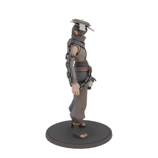 3D model of a Japanese-style elf with a chain around its arm and a lantern, standing on a platform.