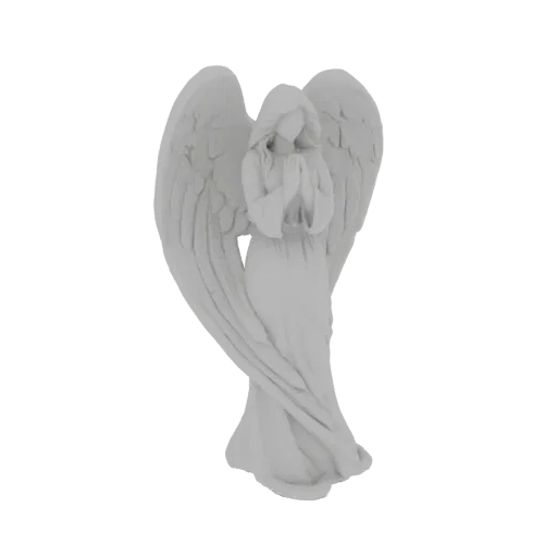 Rendu 3D d'une statue d'ange blanche, semblable à la pierre, avec de grandes ailes, les mains jointes en prière et des robes