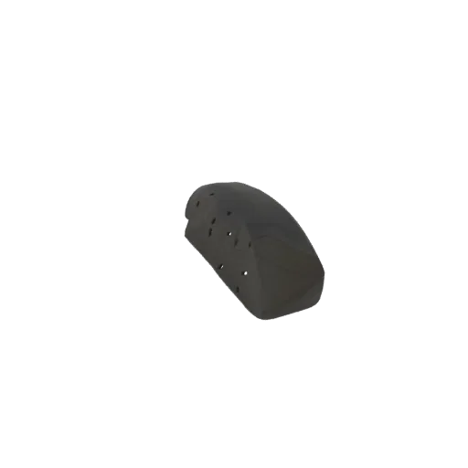 A 3D render of a dark, angular rock with many small pockmarks on its surface, set against a black background.