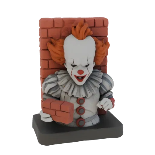 3D model of Pennywise bar relief from "IT" holding a brick against a brick wall.