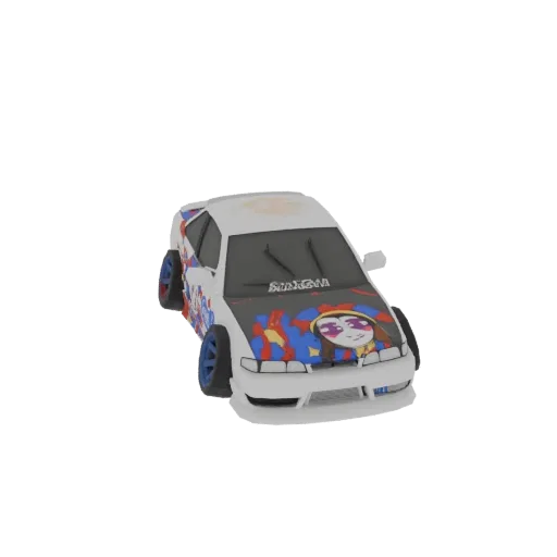 Modello 3D di un'auto sportiva bianca con una grafica personalizzata in stile anime sul cofano e decalcomanie colorate sui la