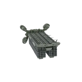 A 3D render of a modular hovercraft with a blocky hull and four angled quad thrusters, viewed from a slightly elevated rear a