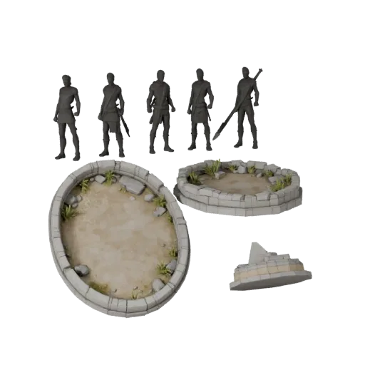 Ruined Display Plinth low poly 3D model preview showing rim shape, three-quarter game view, height and ground texture