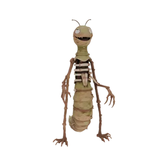 3D model of a skinny stick monster with prominent ribs, wide smile, and long fingers on a black background