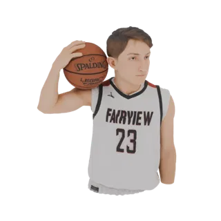 3D model of a young basketball player in a Fairview jersey holding a Spalding basketball.