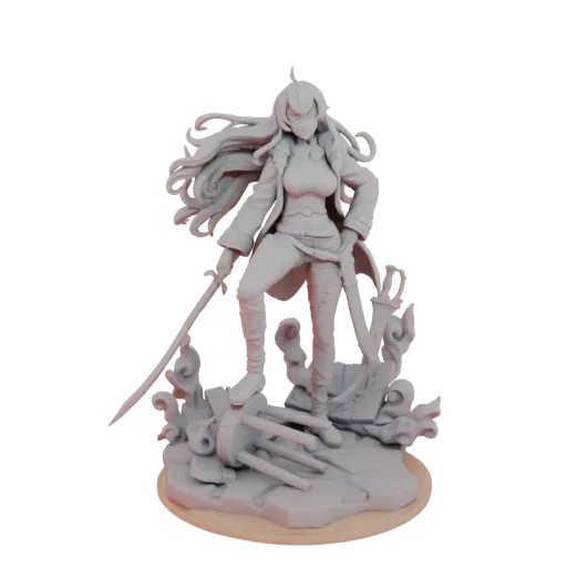 3D model of a fierce fantasy warrior woman with long flowing hair, holding a sword and standing on a base with cannon debris