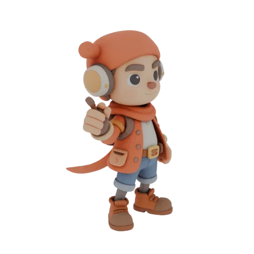 Modello 3D di un simpatico bambino con cappello, sciarpa e giacca arancioni, che mostra il pollice in su