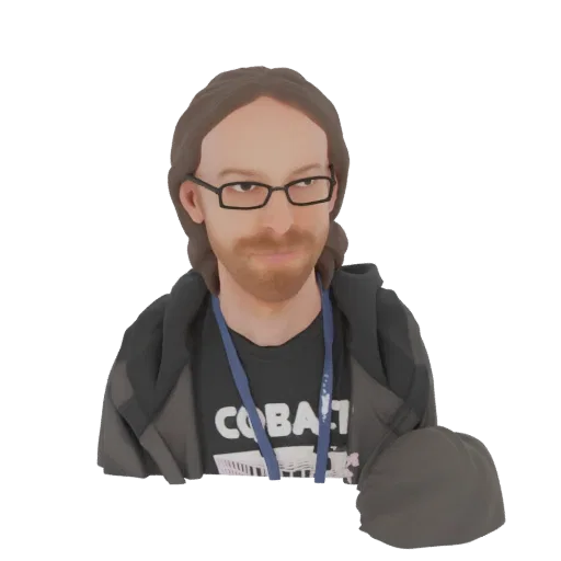 3D model of a man with glasses, long brown hair, and a beard, wearing a t-shirt and lanyard.