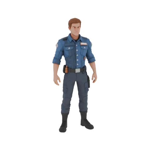 3D model of a police officer in a blue uniform, standing full height on a black background