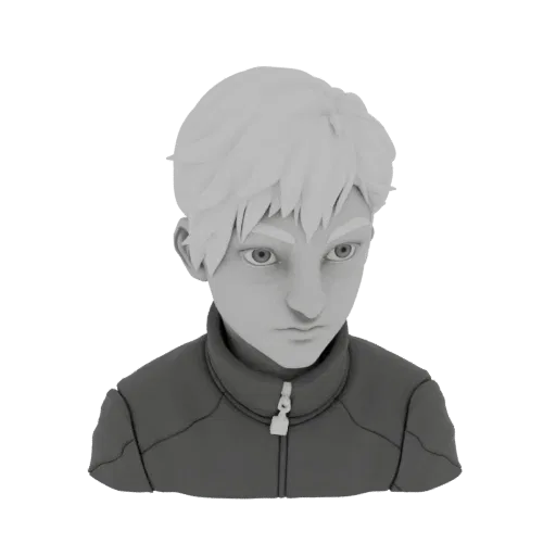 3D render of a stylized young man's bust with short blonde hair and a jacket, set against a black background.