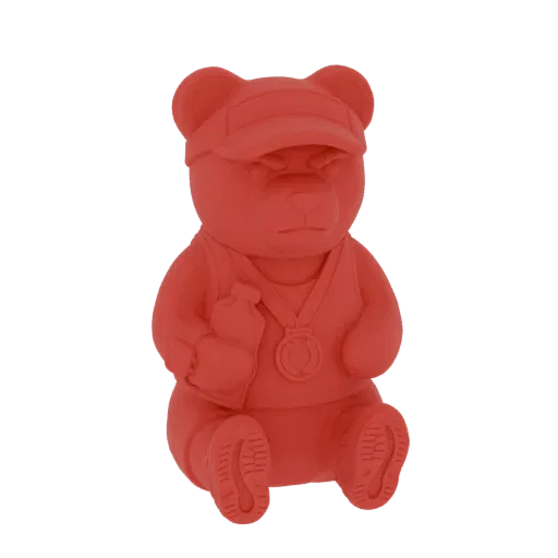 3D model of a red bear athlete sitting, wearing a cap, vest, and medal, with detailed shoe soles.
