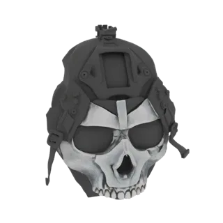 Modello 3D di casco tattico con design a teschio Fantasma, caratterizzato da un casco grigio scuro opaco e una piastra fronta