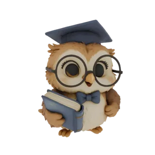 Un simpatico modello 3D di un gufo marrone con un cappello di laurea blu e occhiali, che tiene un libro blu.
