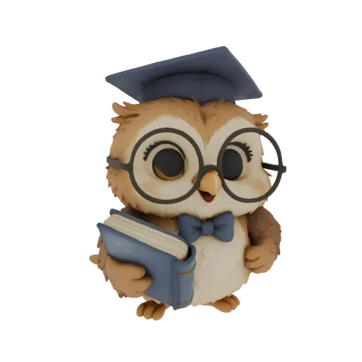 Un mignon modèle 3D d'une chouette brune portant un chapeau de diplômé bleu et des lunettes, tenant un livre bleu.