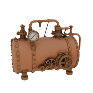 Modèle 3D de chaudière steampunk en cuivre avec engrenages, manomètre et tuyaux industriels visibles, sur fond blanc.