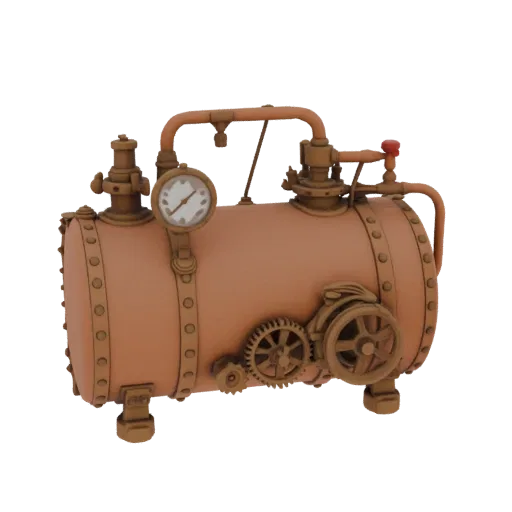 3D model of a steampunk copper boiler with visible gears, a pressure gauge, and industrial pipes, set against a white backgro