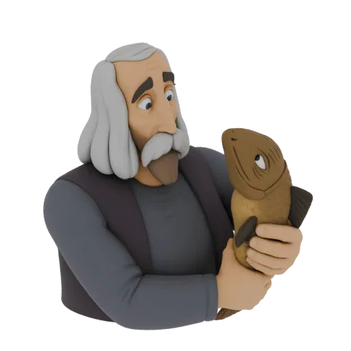 3D model of an old man with a long white beard holding a brown fish, rendered in a claymation style.
