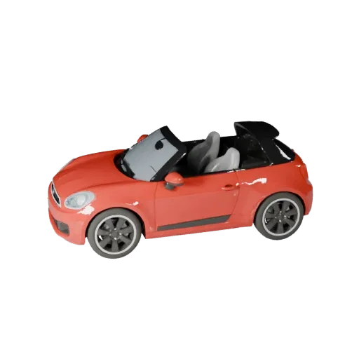 Cartoon Cabrio 3D-Modell, Dreiviertel-Studioansicht, stilisierter Fahrzeug-Asset mit Karosserielinien, Verglasung, Radstand u