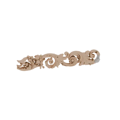 Un modèle 3D de volute acanthe ornée avec des motifs floraux et de feuilles complexes, rendu dans une texture de bois clair.