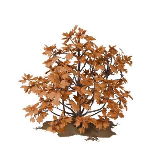 Autumn Shrub Group Realistic 3D model, three-quarter environment render, showing leaf clusters, terrain detail.