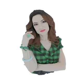 3D model of an elegant woman with brown hair, wearing a green plaid dress, a large turquoise ring, and several bracelets, pos
