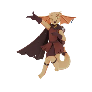 Modello 3D di un allegro e avventuroso personaggio kobold ladro con ali arancioni, che indossa un abito marrone e un mantello
